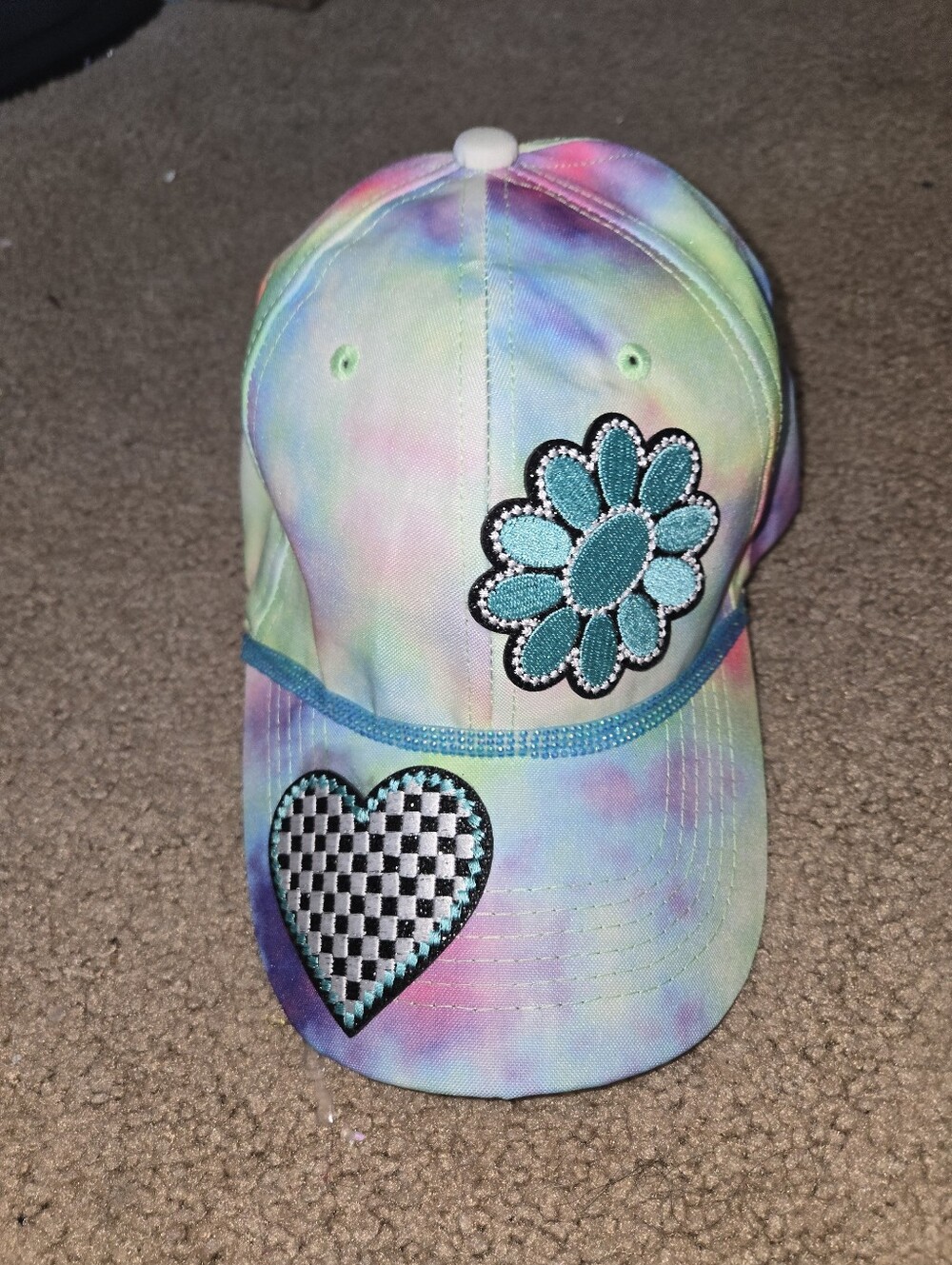 Handcrafted Tie Dye Baseball Cap Checkered Flower Heart Patch